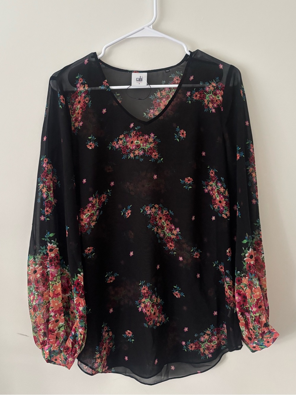 CAbi Black Sheer V-Neck Floral Blouse